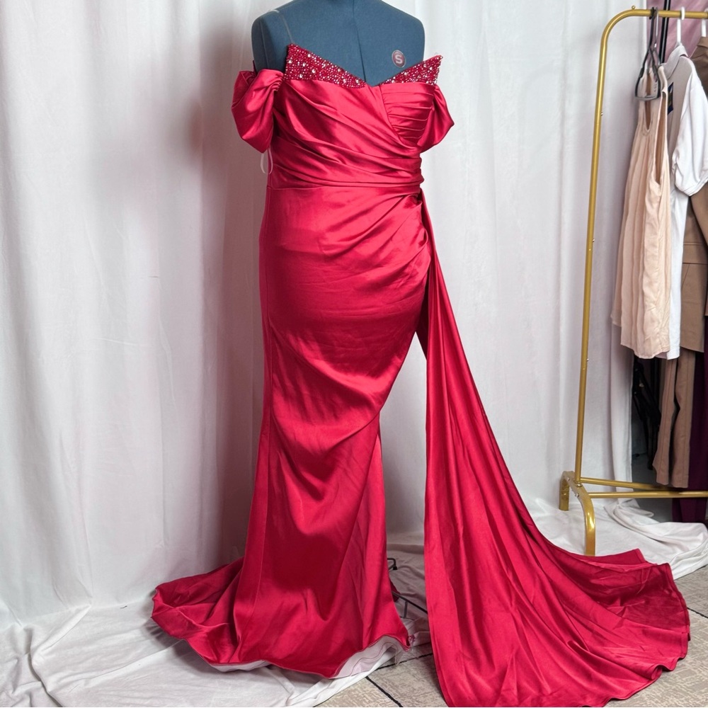 Red Ruched Off-Shoulder Prom Gown - Picture 3 of 16